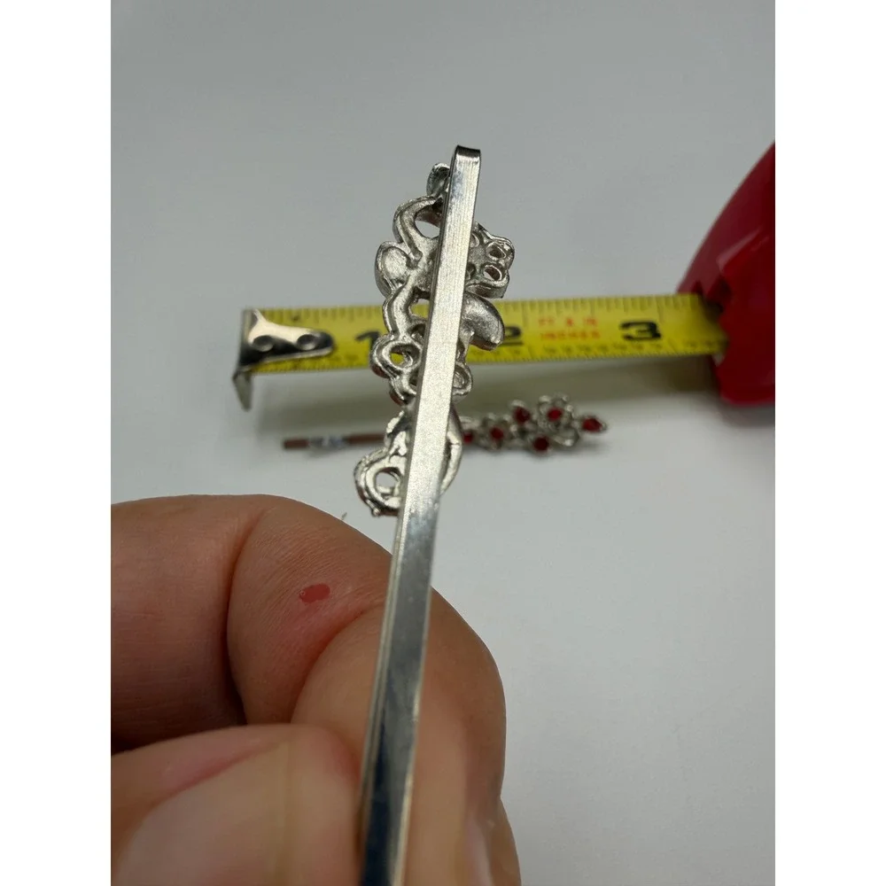 Vintage Style Silver Red Rhinestone Floral Scroll Bobby Pin Hair Clip Set 2pc